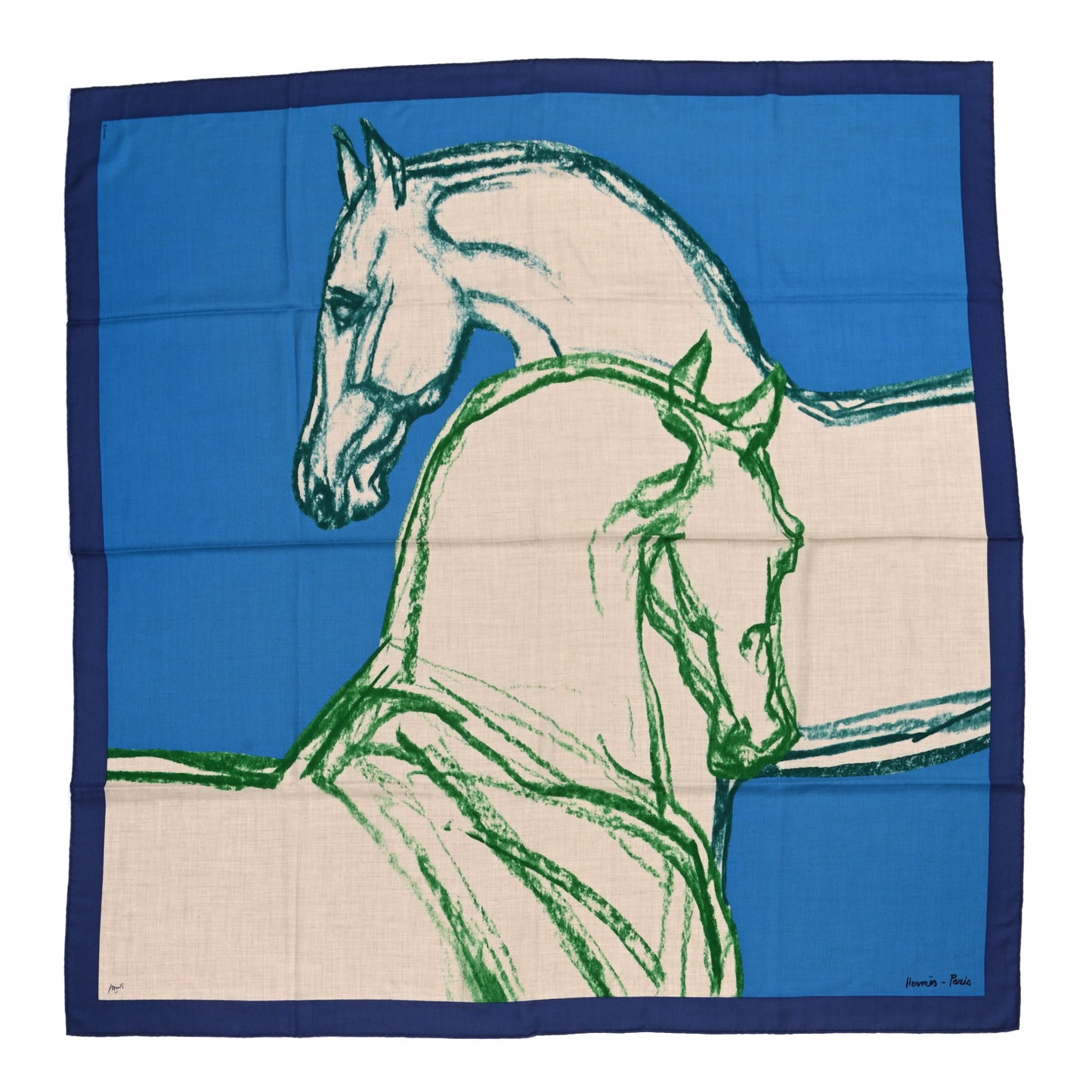 Cashmere Silk Chevaux Au Pre Shawl 140 Cobalt Naturel Vert