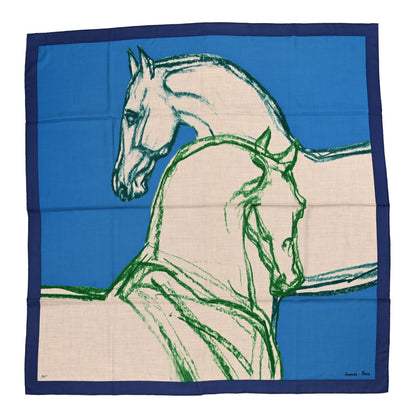 Hermes Cashmere Silk Chevaux Au Pre Shawl 140 Cobalt Naturel Vert 1 of 5