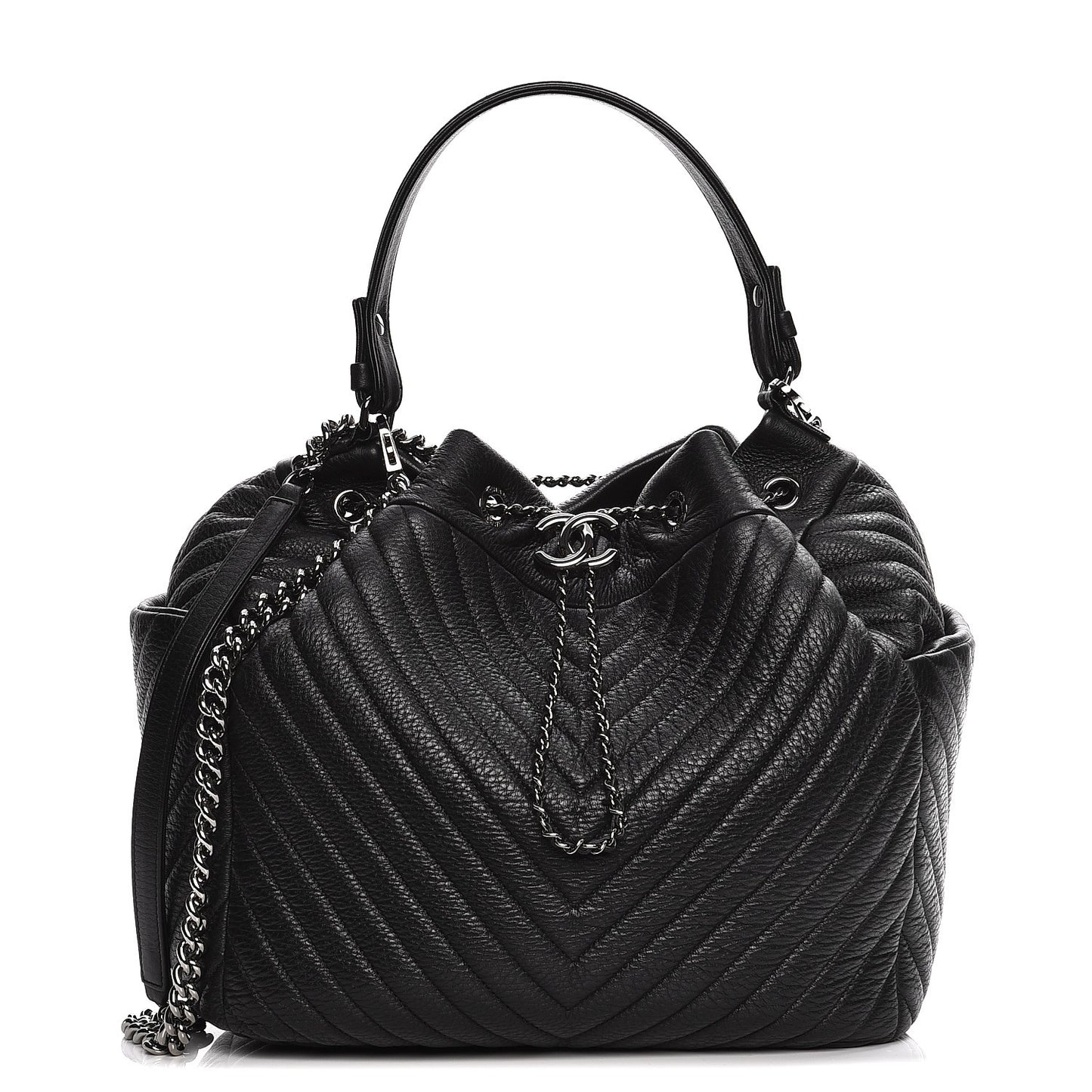 Deerskin Chevron Large CC Chain Bucket Drawstring Bag Black