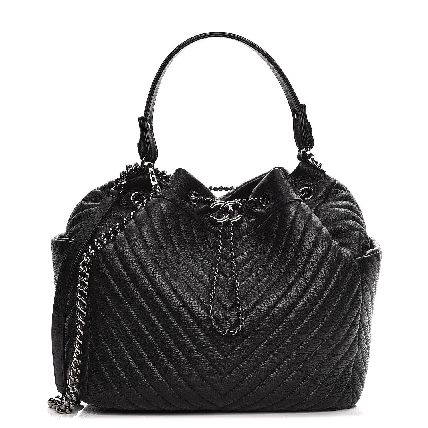 Chanel Deerskin Chevron Large CC Chain Bucket Drawstring Bag Black 1 of 8