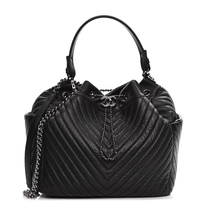 Chanel Deerskin Chevron Large CC Chain Bucket Drawstring Bag Black 1 of 8