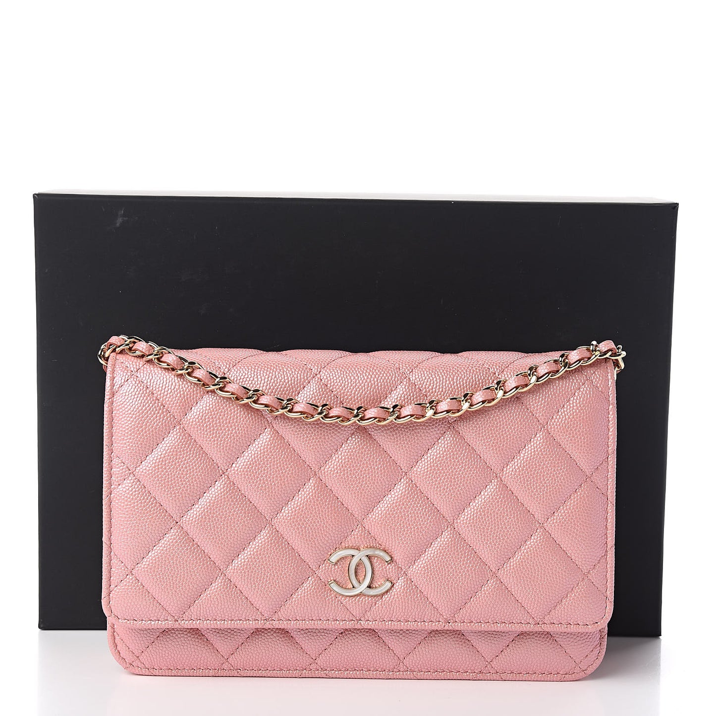 Iridescent Caviar Quilted Wallet on Chain WOC Rose Pink