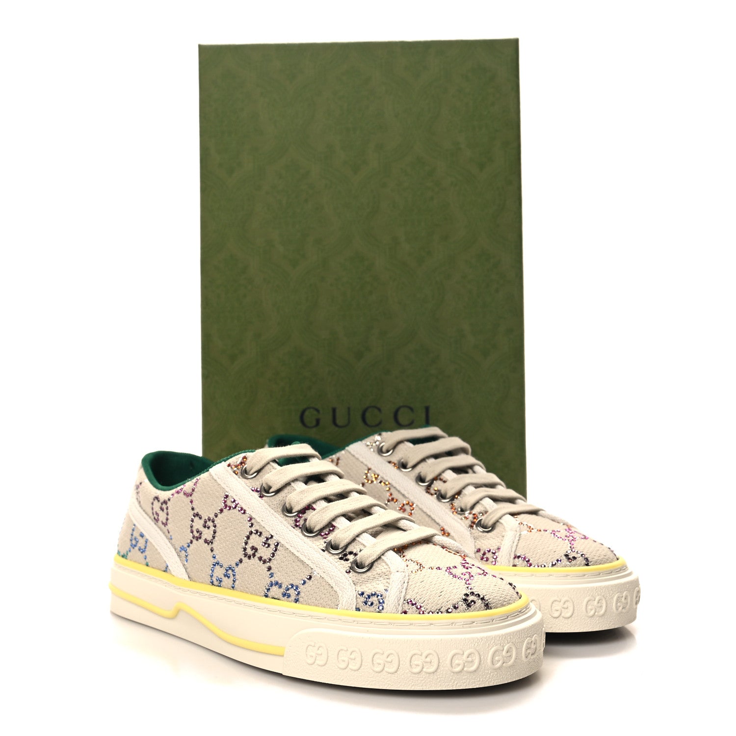 Gucci Canvas Lame Crystal GG Monogram Womens 1977 Tennis Sneakers 35.5 Gardenia Silver Mystic White 8 of 8