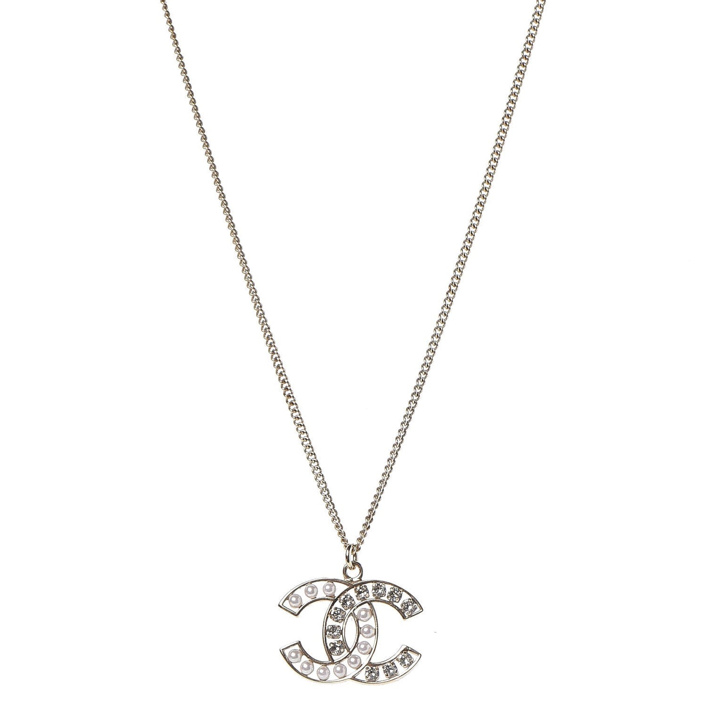 Crystal Pearl CC Pendant Necklace Gold
