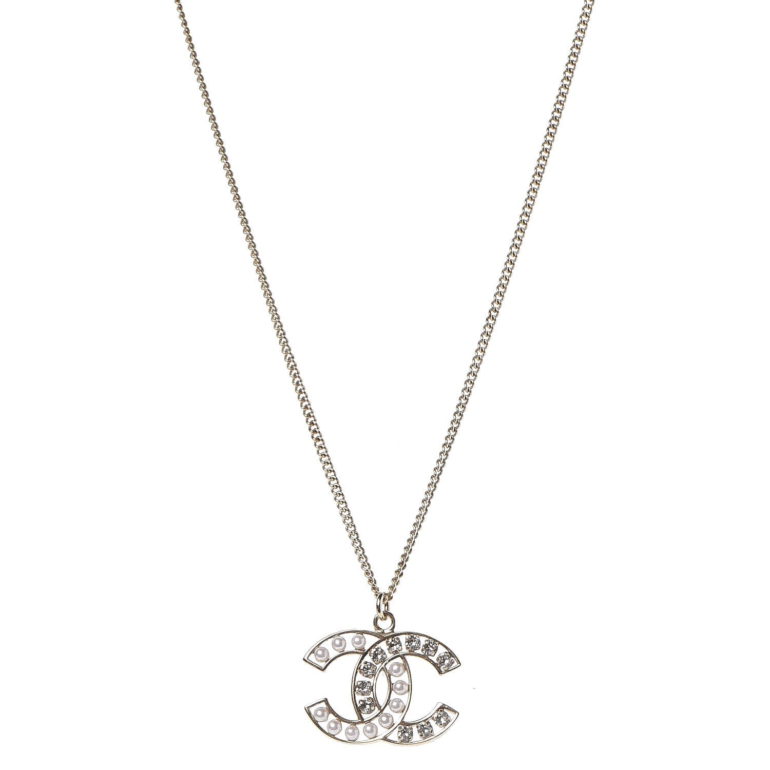 Chanel Crystal Pearl CC Pendant Necklace Gold 1 of 6