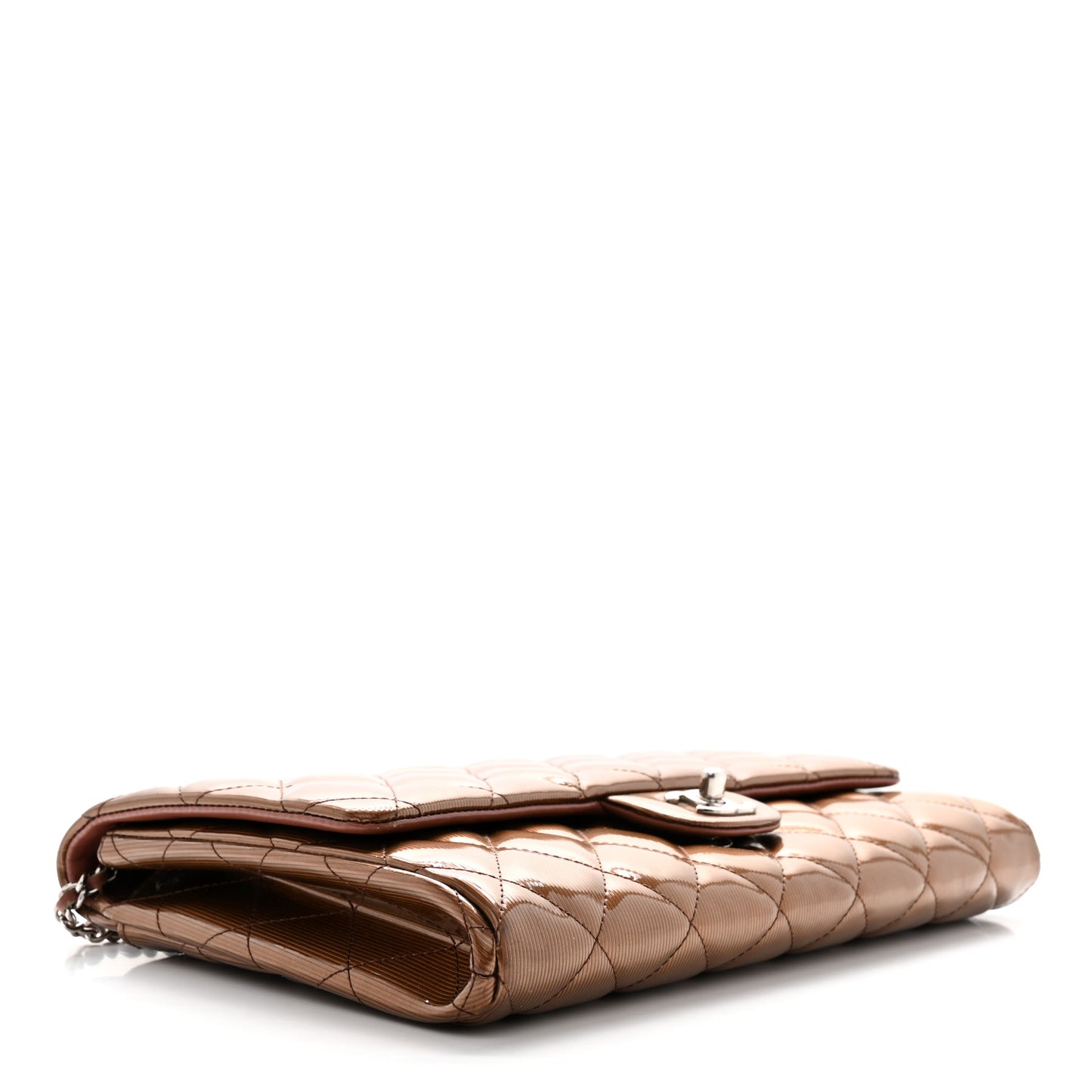 Striated Patent Quilted Clutch With Chain Flap Brown