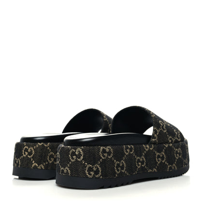 Gucci Jacquard Black Denim GG Monogram Angelina Platform 55mm Slide Sandals 35 Black Ivory 4 of 9