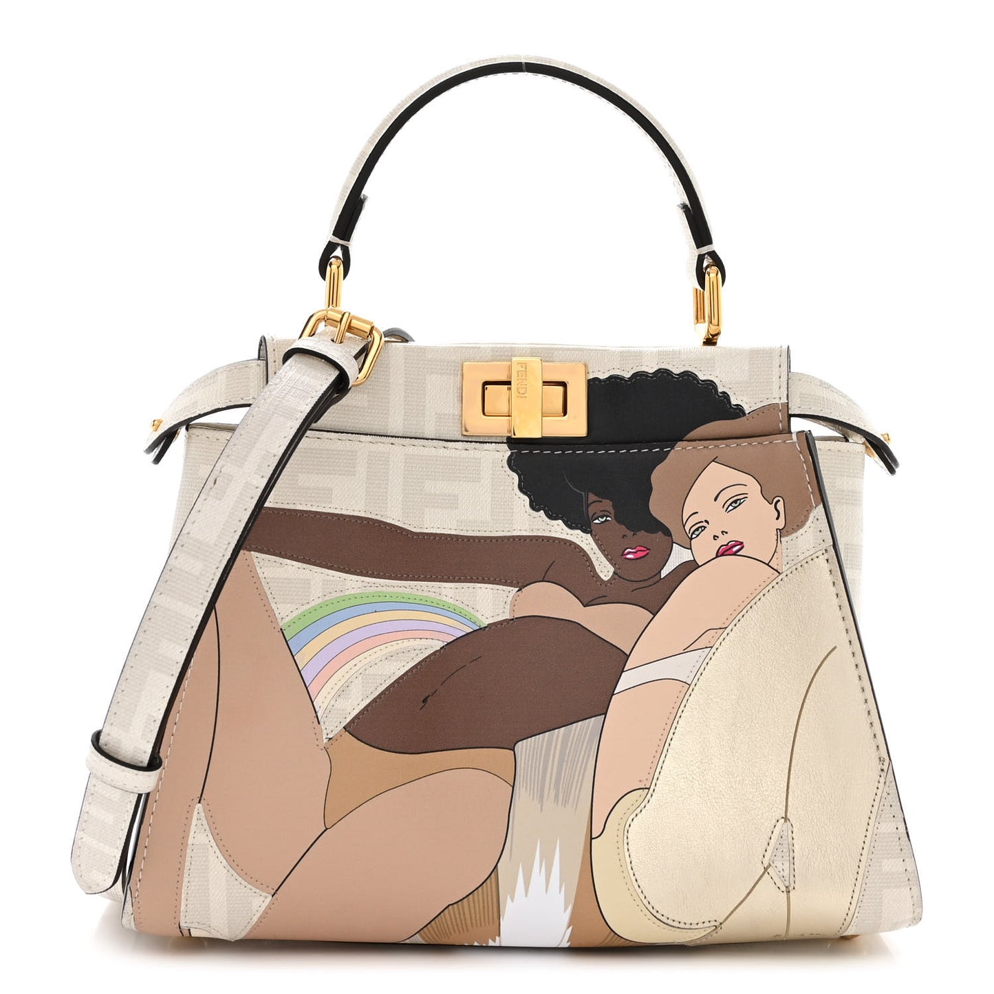 Glazed Fabric Nappa FF Disco Girls Inlay Mini Peekaboo Iconic Satchel Bianco Perla Multicolor