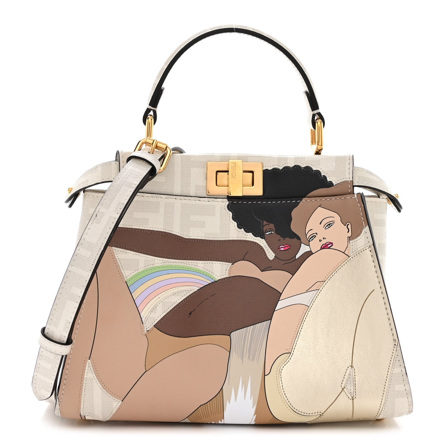 Fendi Glazed Fabric Nappa FF Disco Girls Inlay Mini Peekaboo Iconic Satchel Bianco Perla Multicolor 1 of 12
