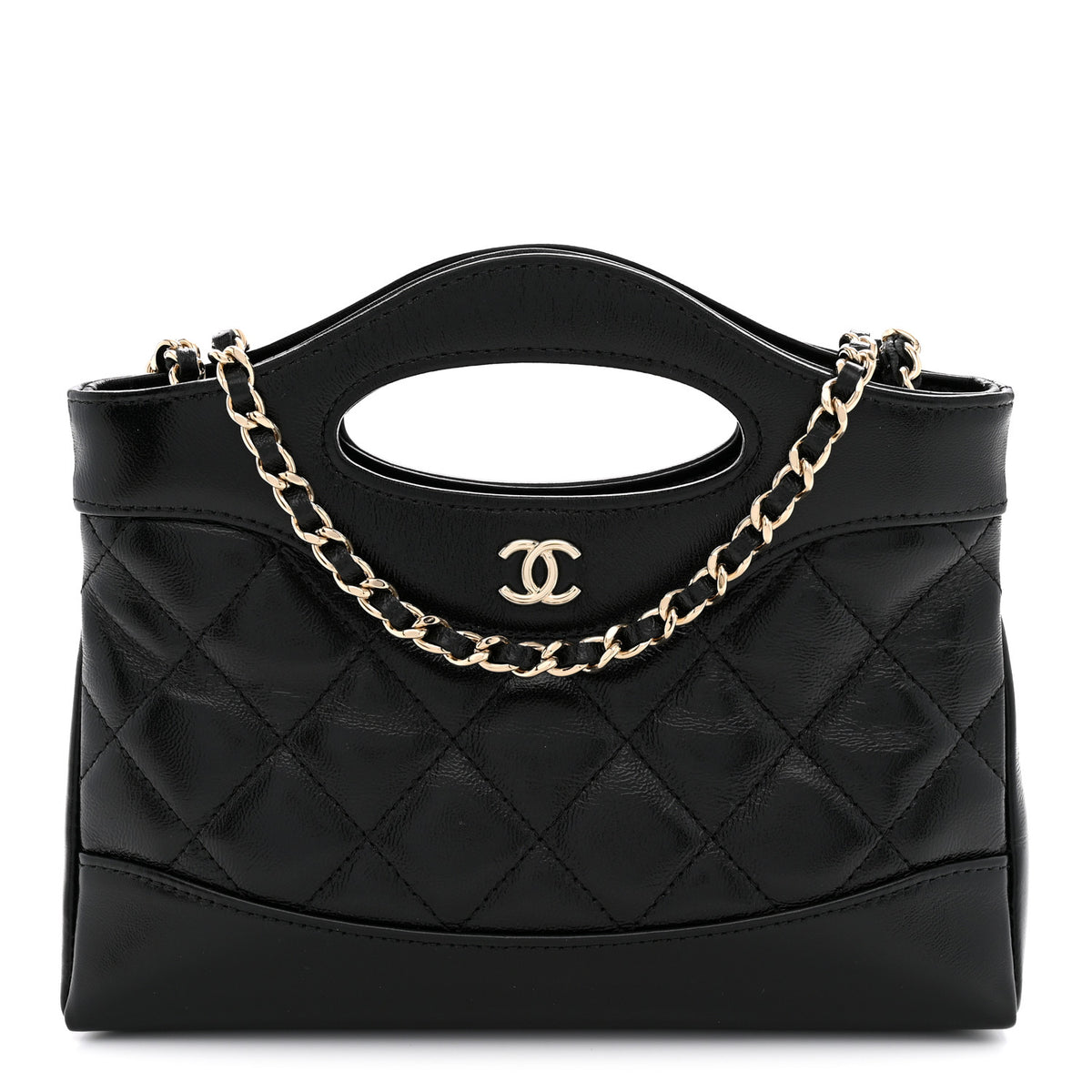 Shiny Crumpled Calfskin Quilted Nano 31 Shopping Bag Black