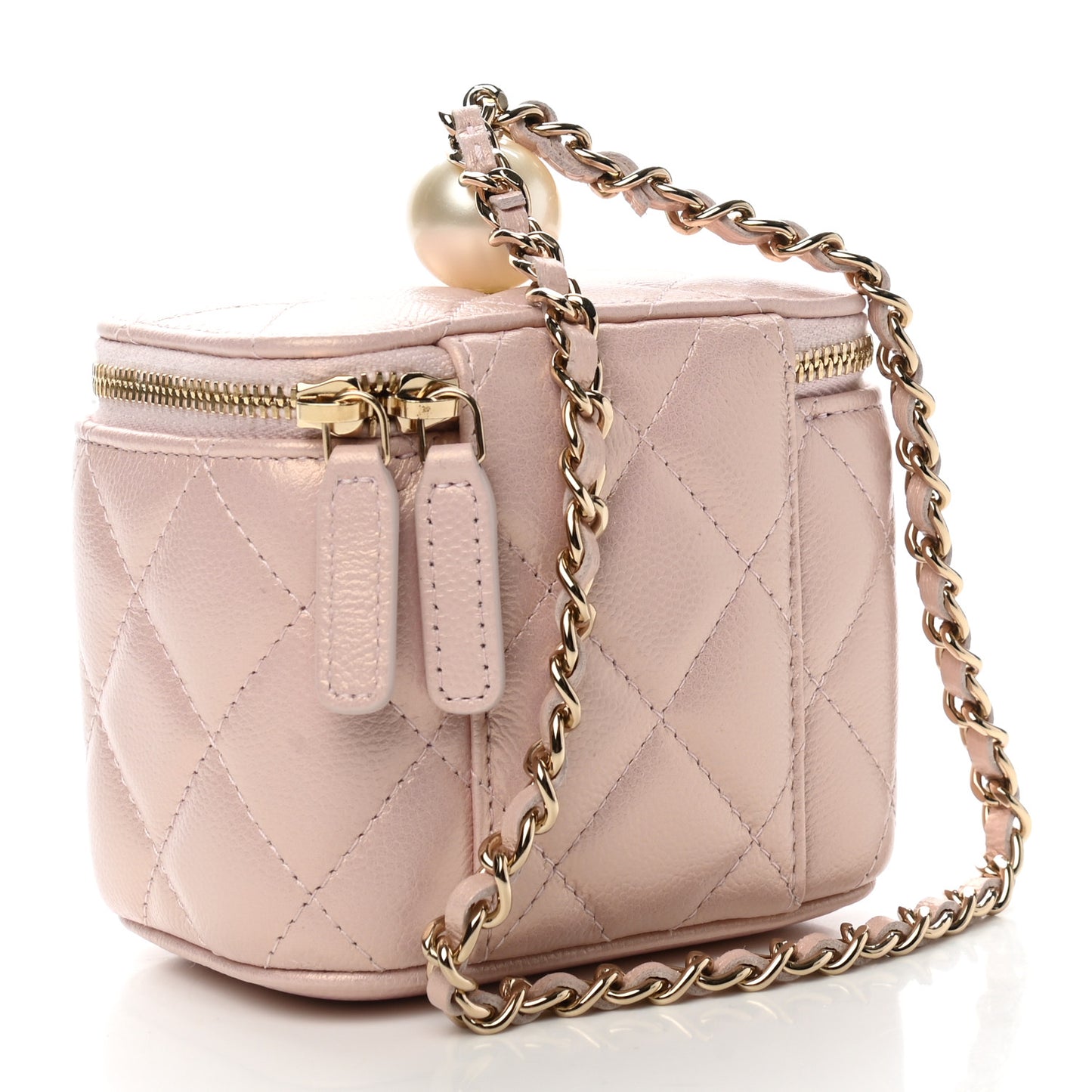 Iridescent Caviar Quilted Mini Pearl On Top Vanity Case With Chain Light Pink