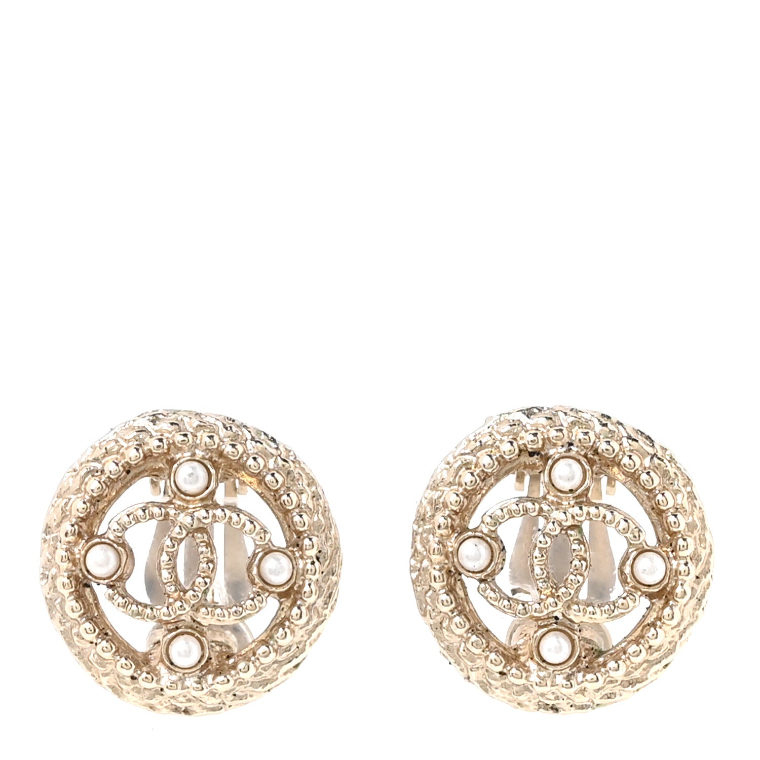 Chanel Metal Pearl CC Clip On Earrings Gold 1 of 5