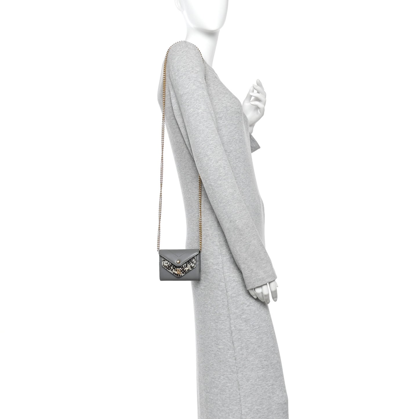 Calfskin Elaphe Double Chevron Card Case On Chain Grey
