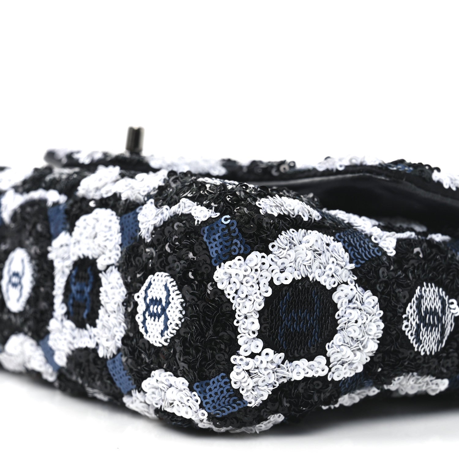 Chanel Satin Sequin Embellished Flower Mini Rectangular Flap Black White Blue 10 of 10