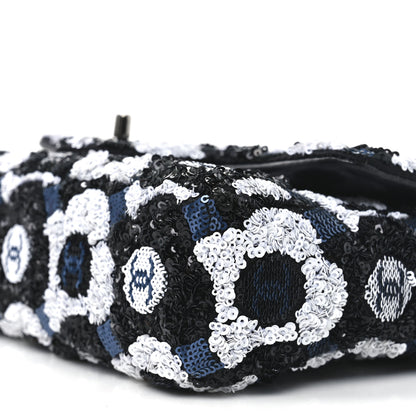 Chanel Satin Sequin Embellished Flower Mini Rectangular Flap Black White Blue 10 of 10