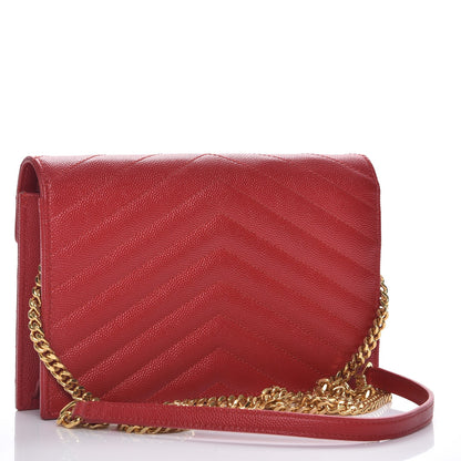 Saint Laurent Grain De Poudre Matelasse Chevron Monogram Envelope Chain Wallet New Red 3 of 9