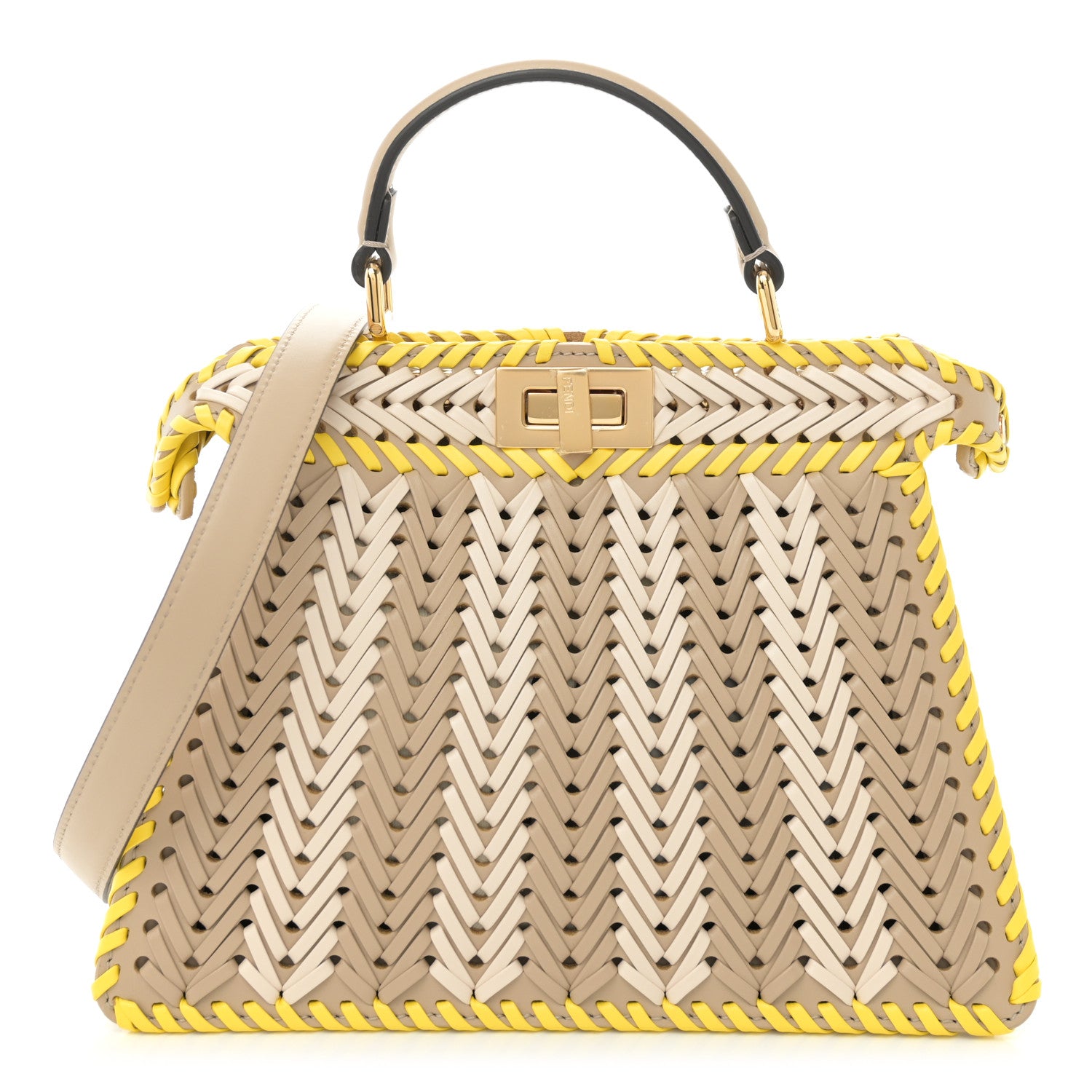 Fendi Vitello King Shiny Nappa Intreccio Small Peekaboo I SEE U Satchel Beige Amido Camel Pomelo 1 of 9