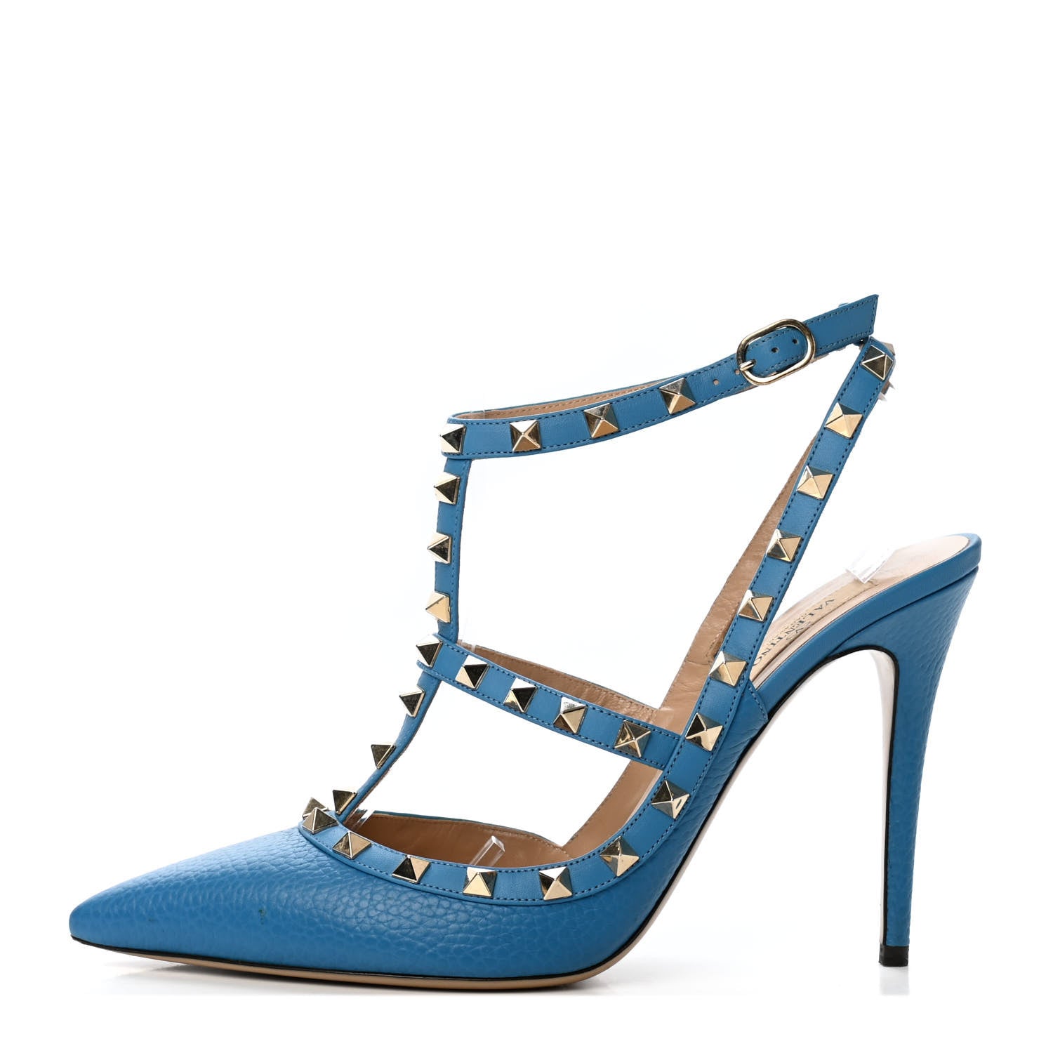 Valentino Garavani Pebbled Calfskin Rockstud Ankle Strap Pumps 41 Light Blue 1 of 4