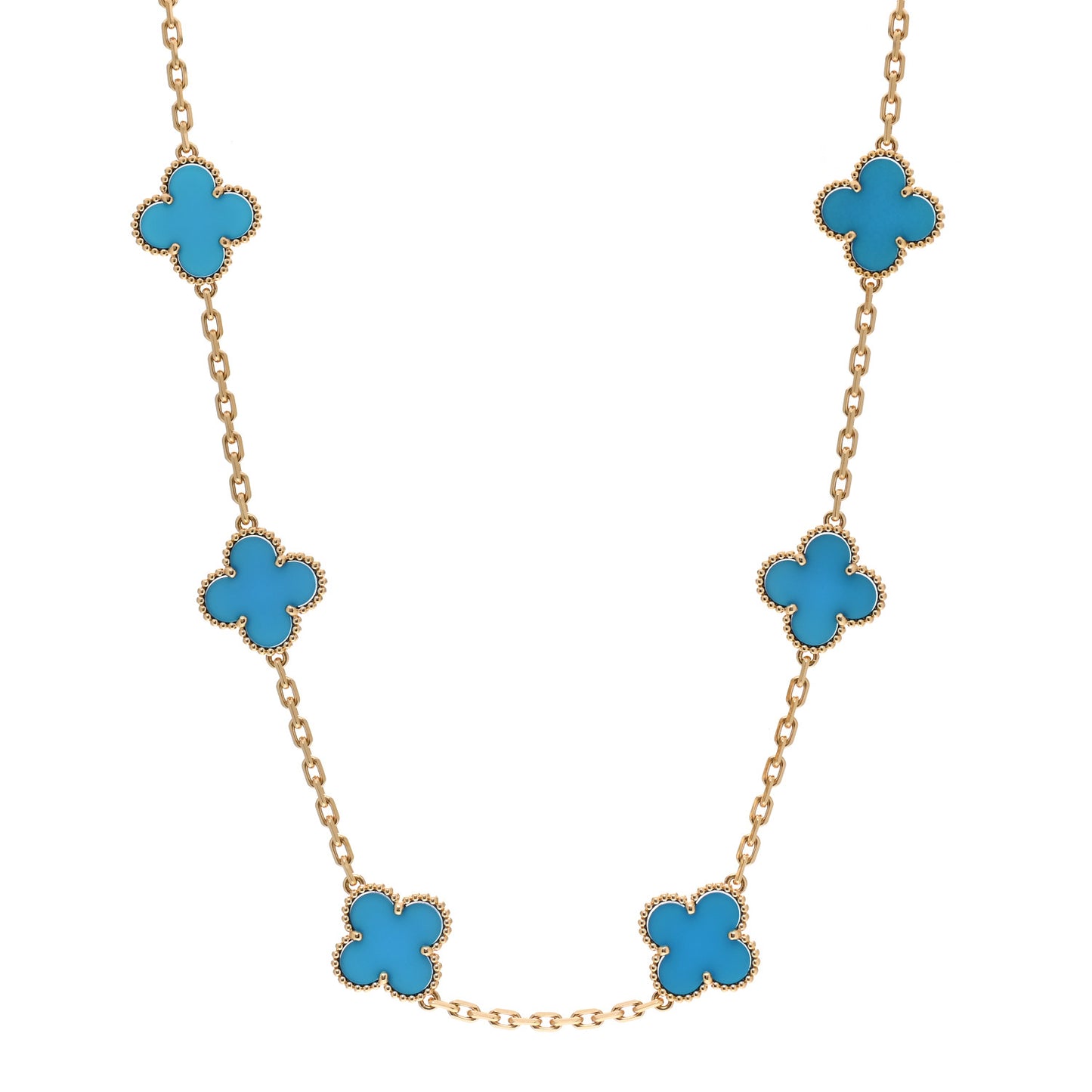 18K Yellow Gold Blue Agate 10 Motifs Vintage Alhambra Necklace