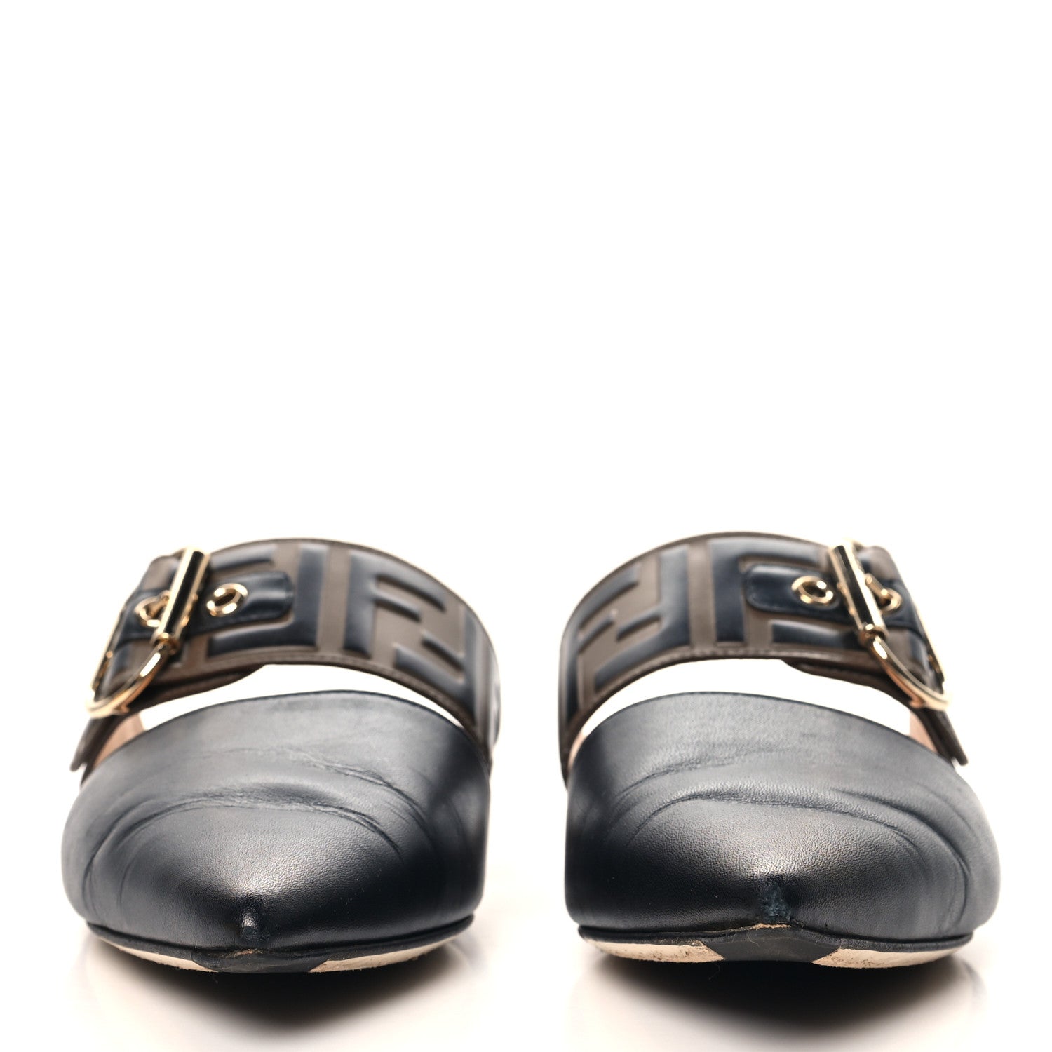 Fendi Vitello FF Embossed Buckle Flat Mules 36.5 Maya Black 3 of 9