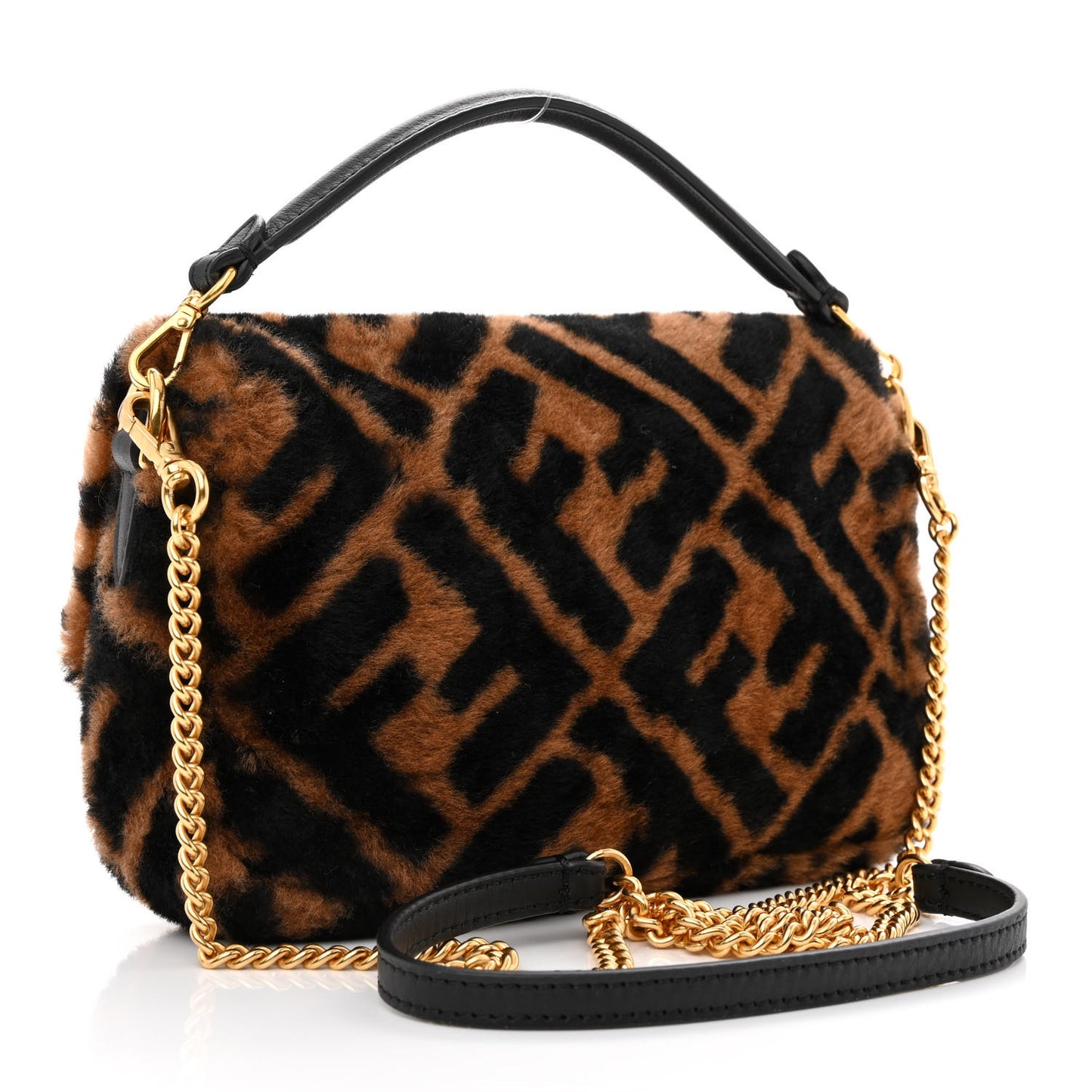 Shearling Vitello Dolce Macro FF 1974 Mini Baguette Tobacco Black