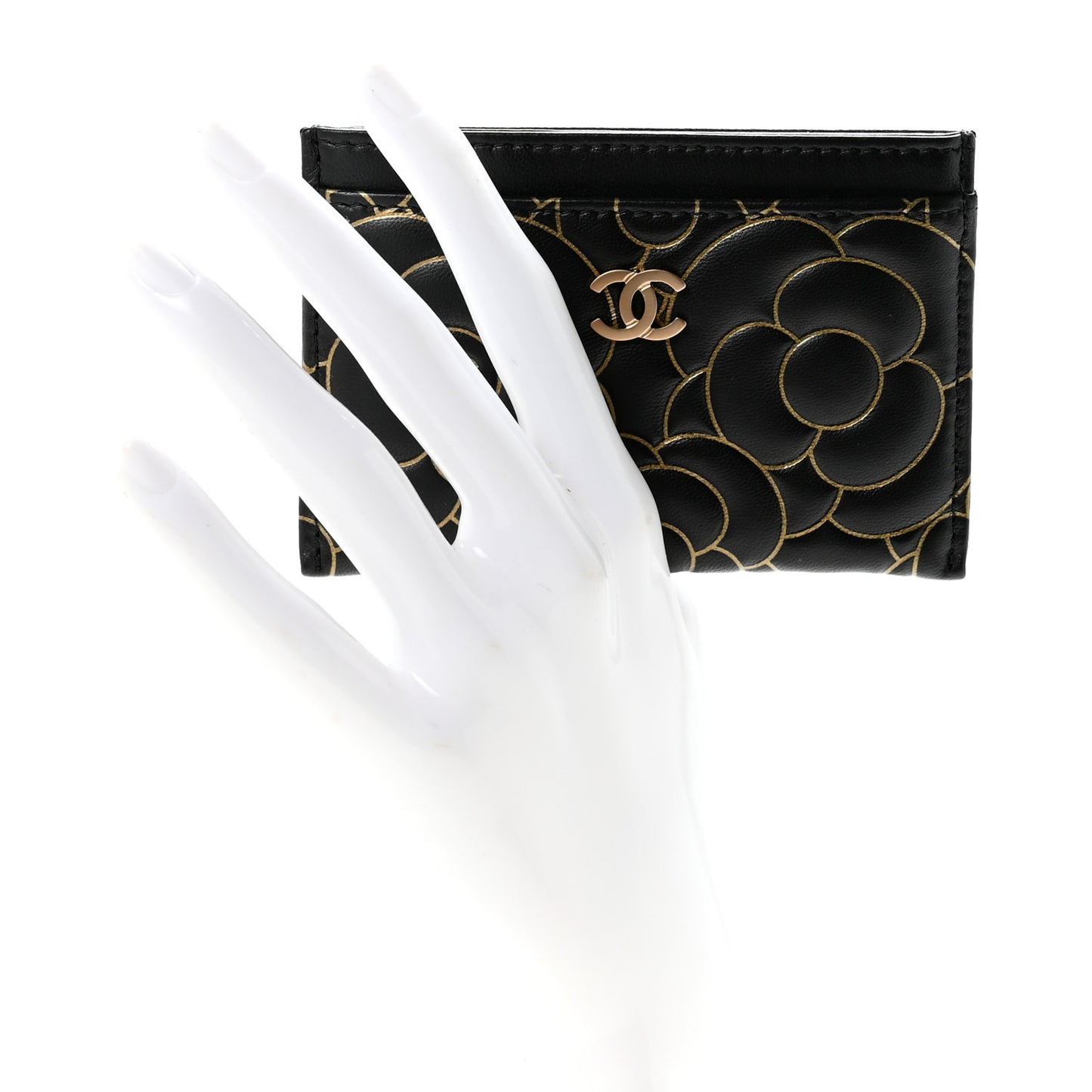 Lambskin Camellia Embossed Card Holder Black Gold