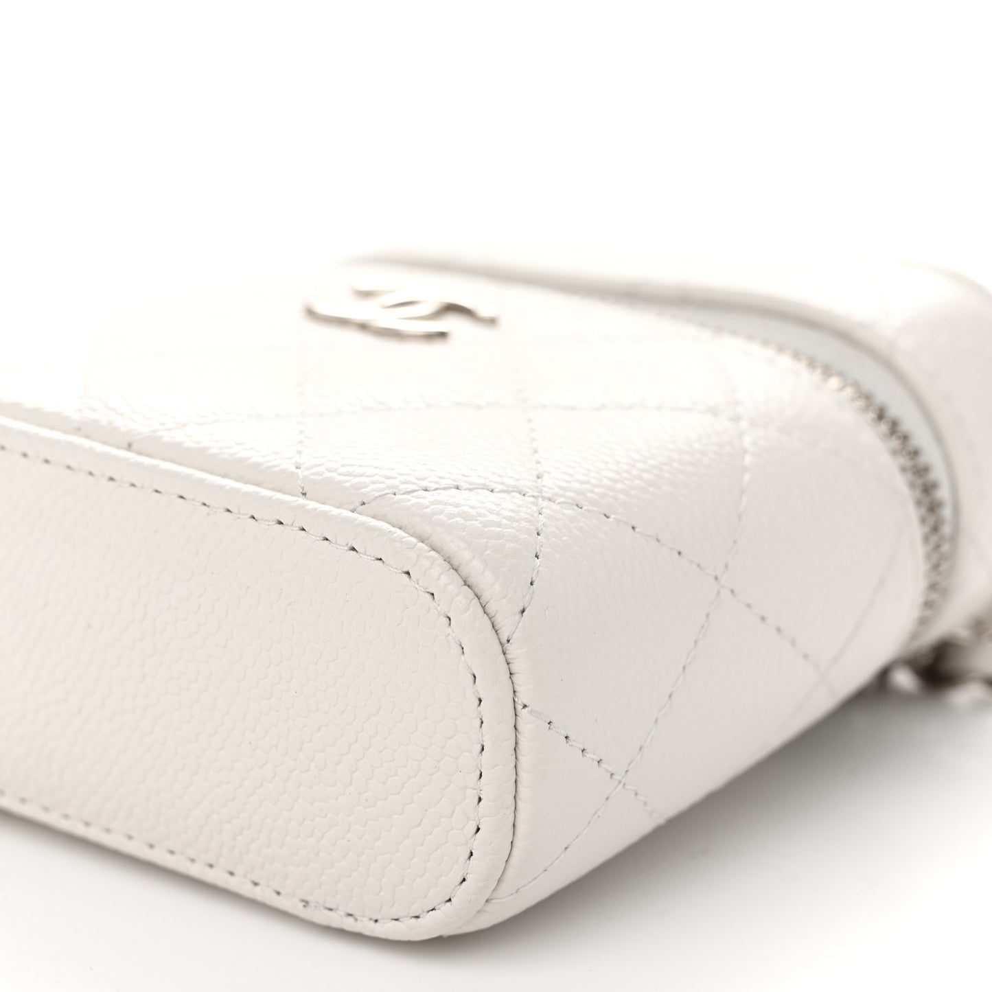 Caviar Quilted Small Handle With Care Vanity Case With Chain White