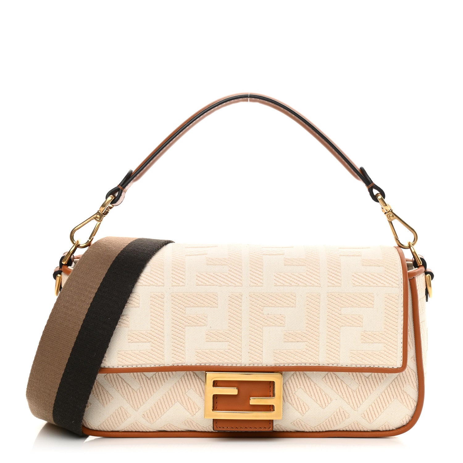 Fendi Canvas Vitello King Bi-Color Strap FF Embroidered Baguette Grezzo Brandy Cuoio 1 of 13
