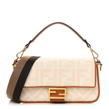 Fendi Canvas Vitello King Bi-Color Strap FF Embroidered Baguette Grezzo Brandy Cuoio 1 of 13