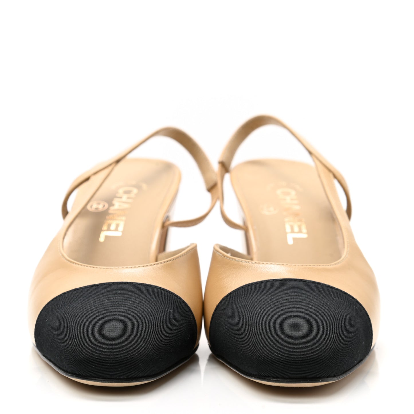 Goatskin Grosgrain Cap Toe CC Slingback Pumps 38 Beige Black