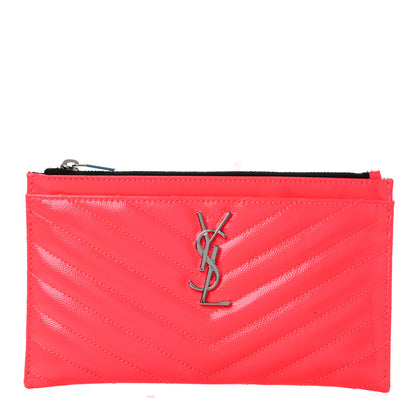Saint Laurent Patent Grain De Poudre Matelasse Chevron Monogram Bill Pouch Neon Pink 1 of 6