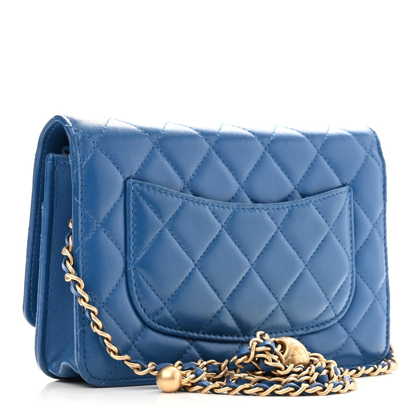 Lambskin Quilted CC Pearl Crush Wallet on Chain WOC Blue