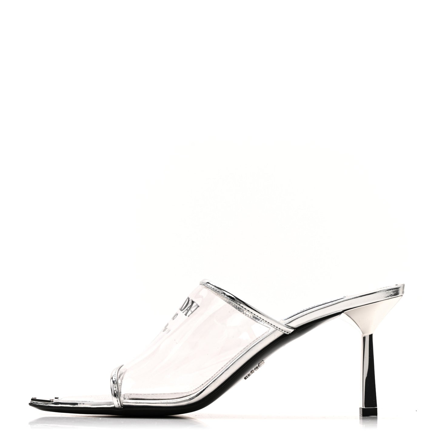 Plexiglass Metallic Calfskin Metal Triangle Logo 75mm Slide Sandals 40.5 Argento