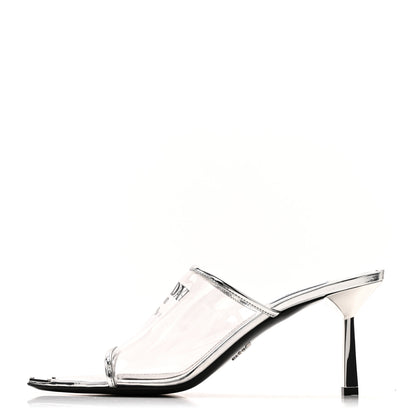 Prada Plexiglass Metallic Calfskin Metal Triangle Logo 75mm Slide Sandals 40.5 Argento 1 of 10