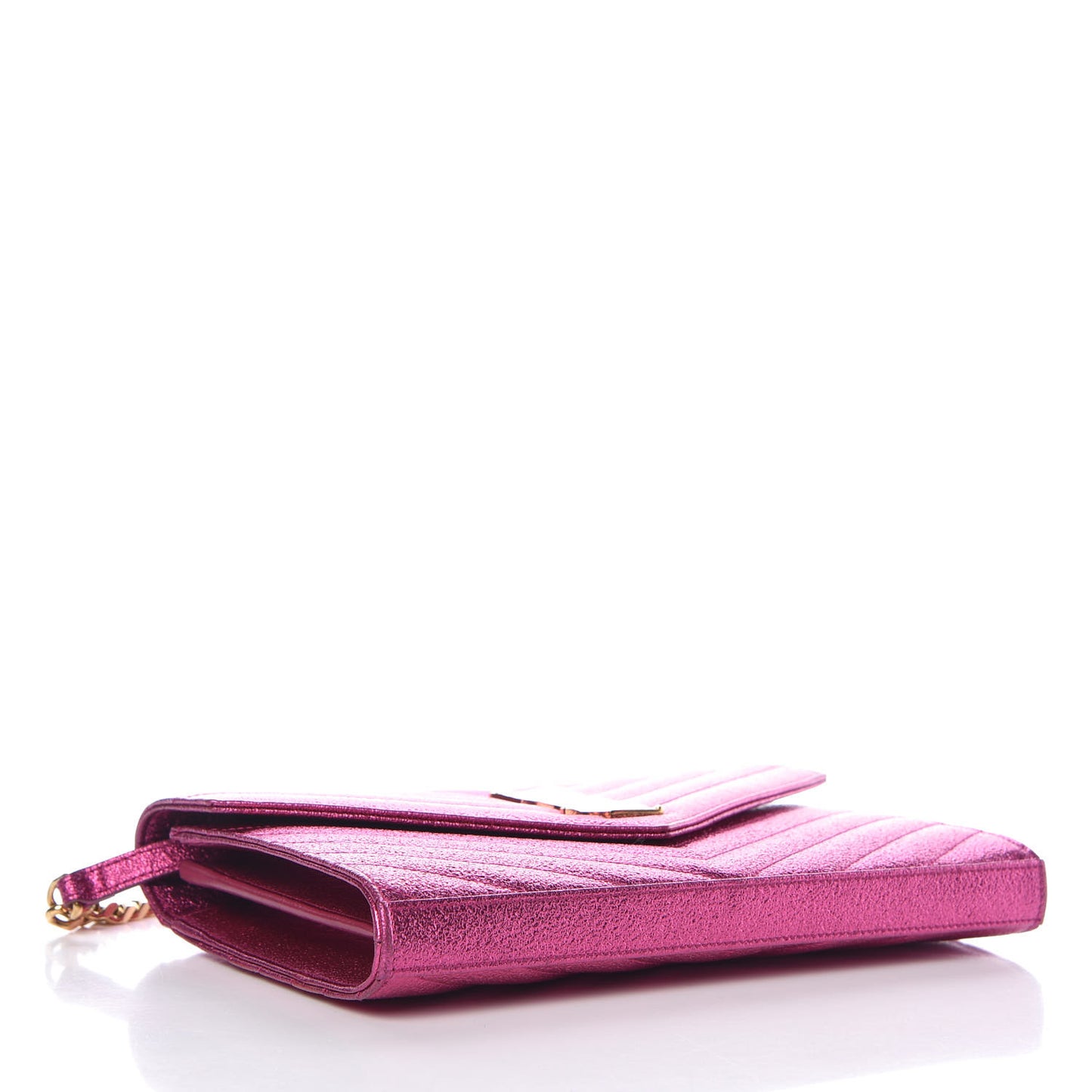 Metallic Crackled Calfskin Matelasse Chevron Monogram Chain Wallet Fuchsia