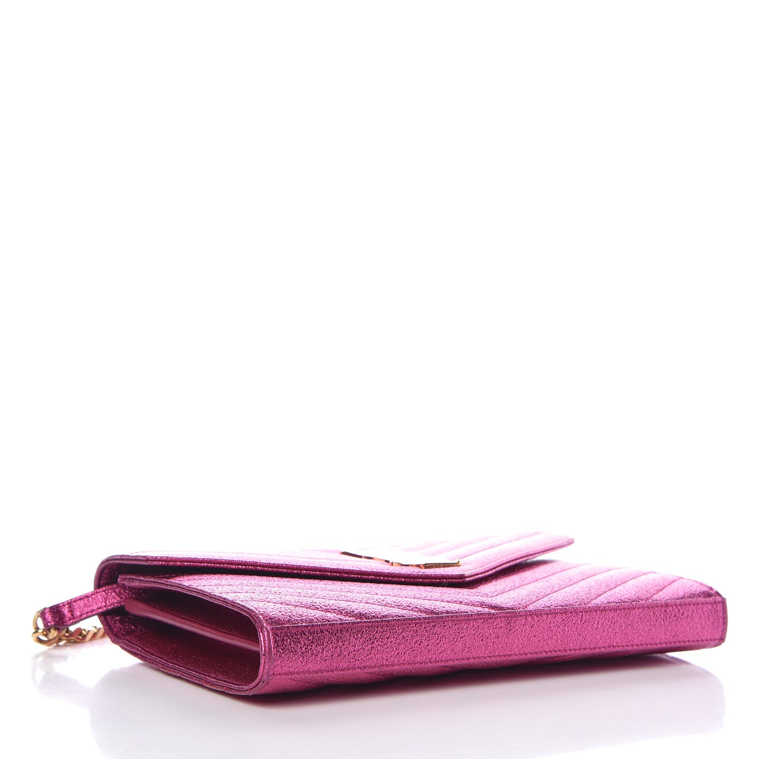 Saint Laurent Metallic Crackled Calfskin Matelasse Chevron Monogram Chain Wallet Fuchsia 4 of 11