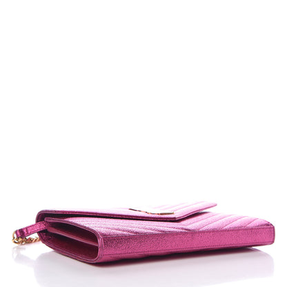 Saint Laurent Metallic Crackled Calfskin Matelasse Chevron Monogram Chain Wallet Fuchsia 4 of 11