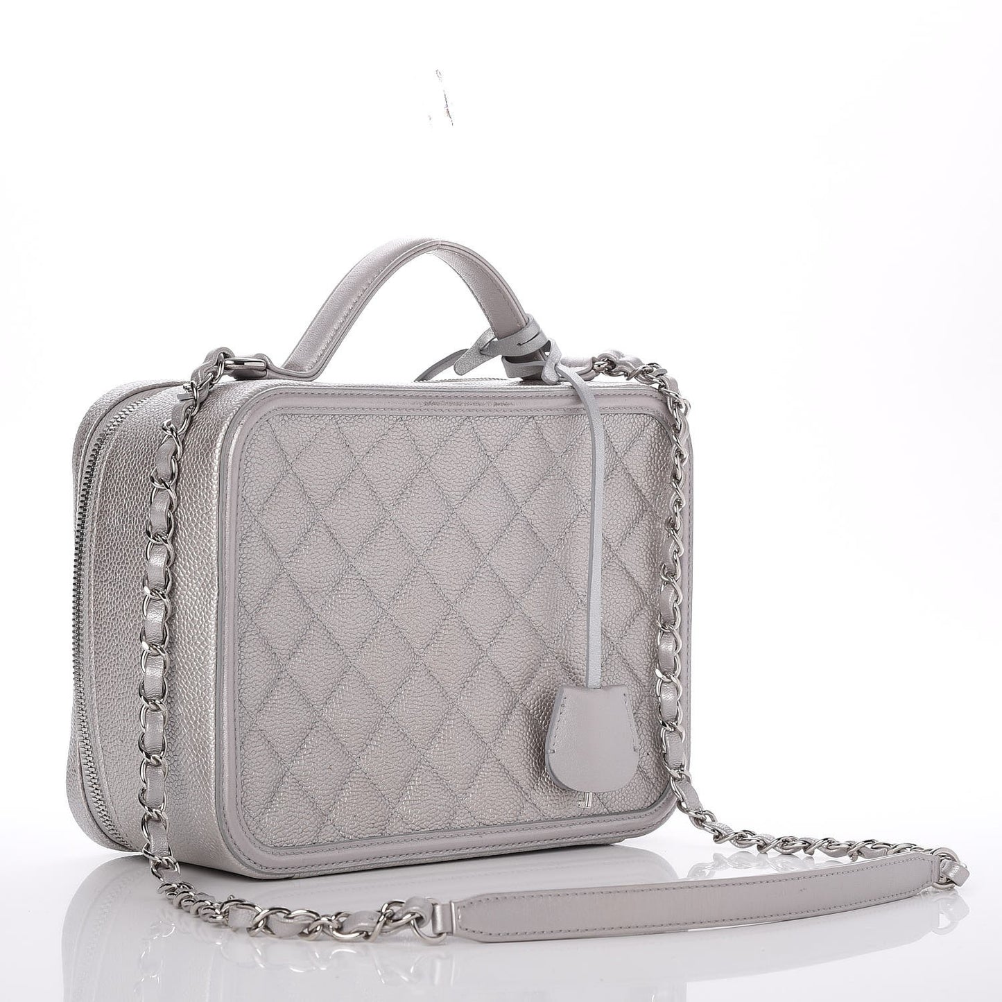 Metallic Caviar Quilted Large CC Filigree Vanity Case Silver