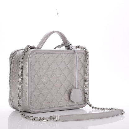 Chanel Metallic Caviar Quilted Large CC Filigree Vanity Case Silver 3 of 8