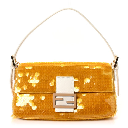 Fendi Satin Sequin Paillettes Elaphe Plexiglass Baguette 1997 Giallo Avorio 1 of 10