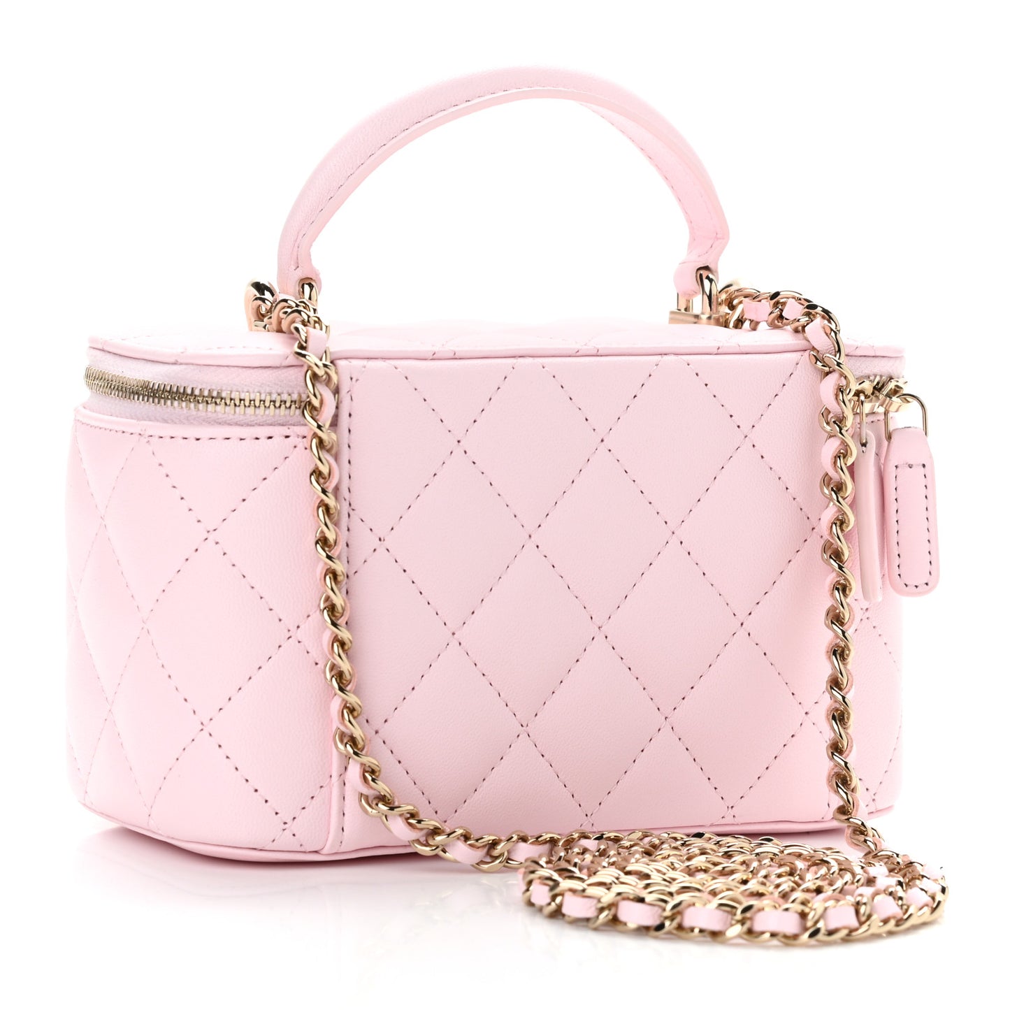Lambskin Quilted Small Top Handle Vanity Case With Chain Light Pink
