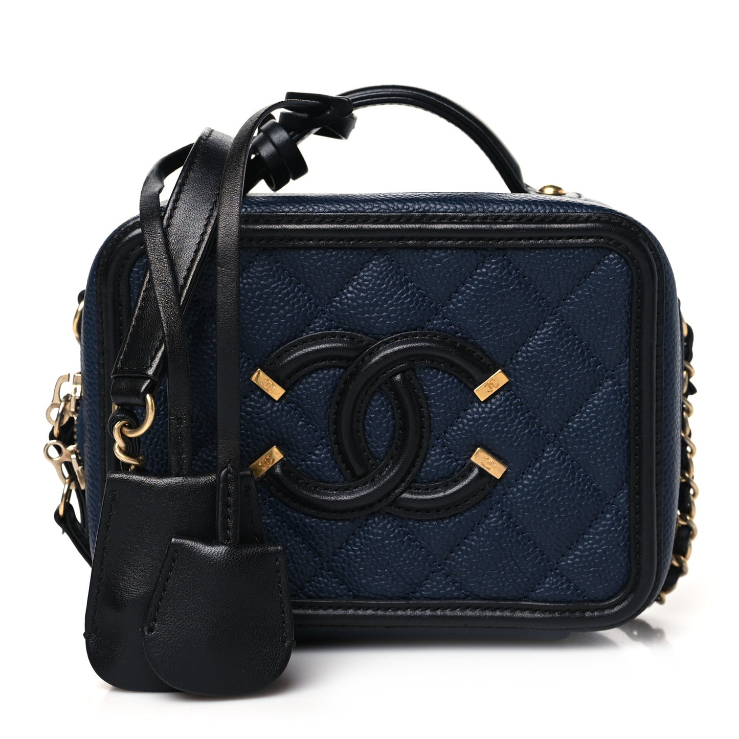 Caviar Quilted Small CC Filigree Vanity Case Navy Black