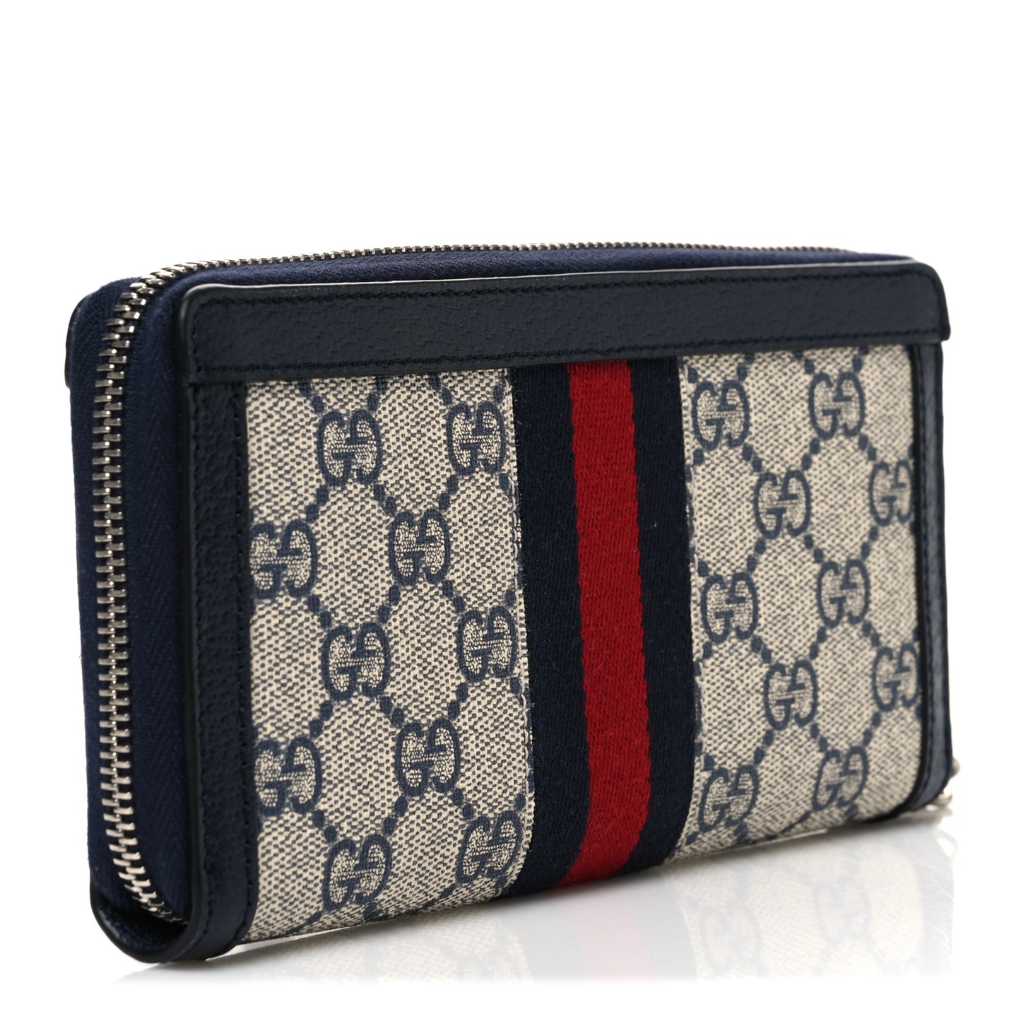 GG Supreme Monogram Textured Dollar Calfskin Web Ophidia Zip Around Wallet Beige Blue