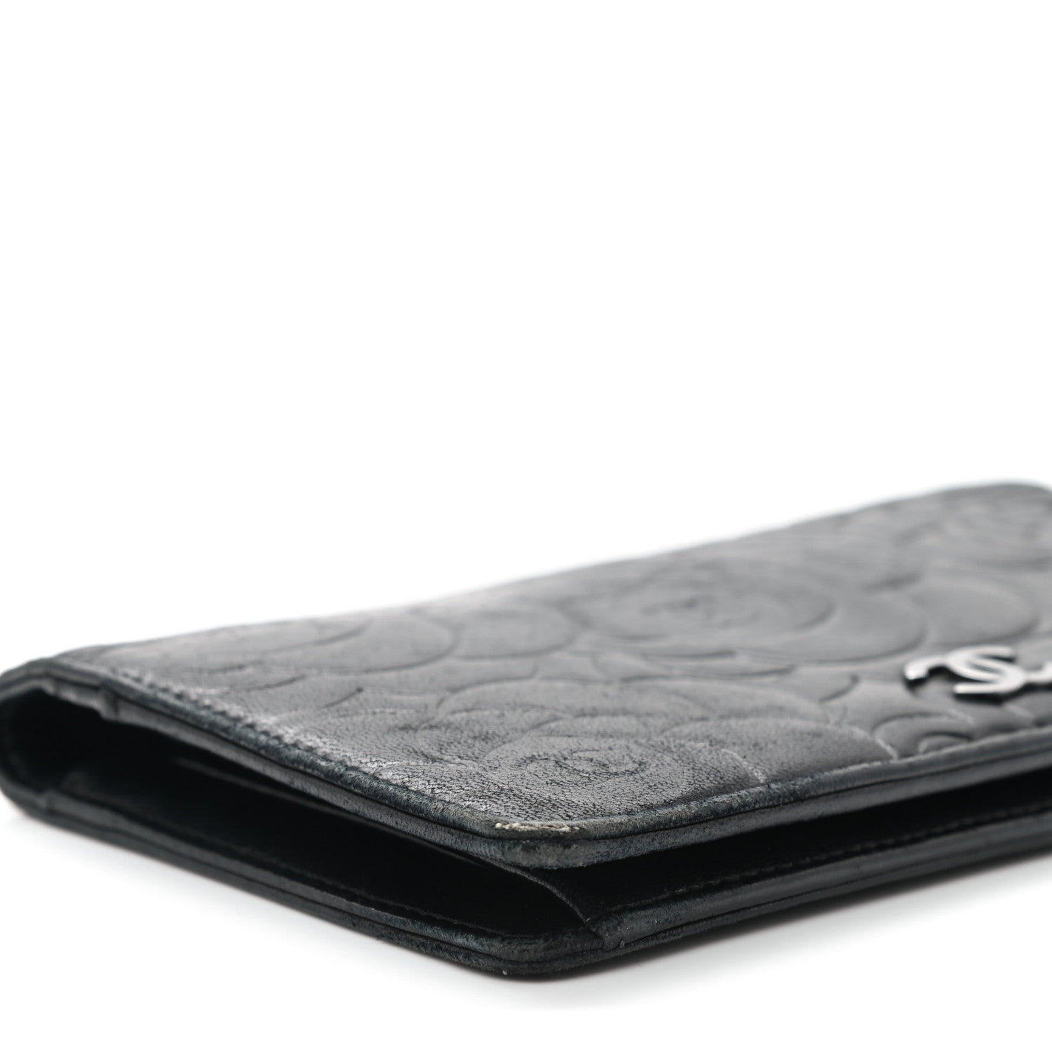 Chanel Lambskin Camellia Embossed Yen Wallet Black 5 of 13
