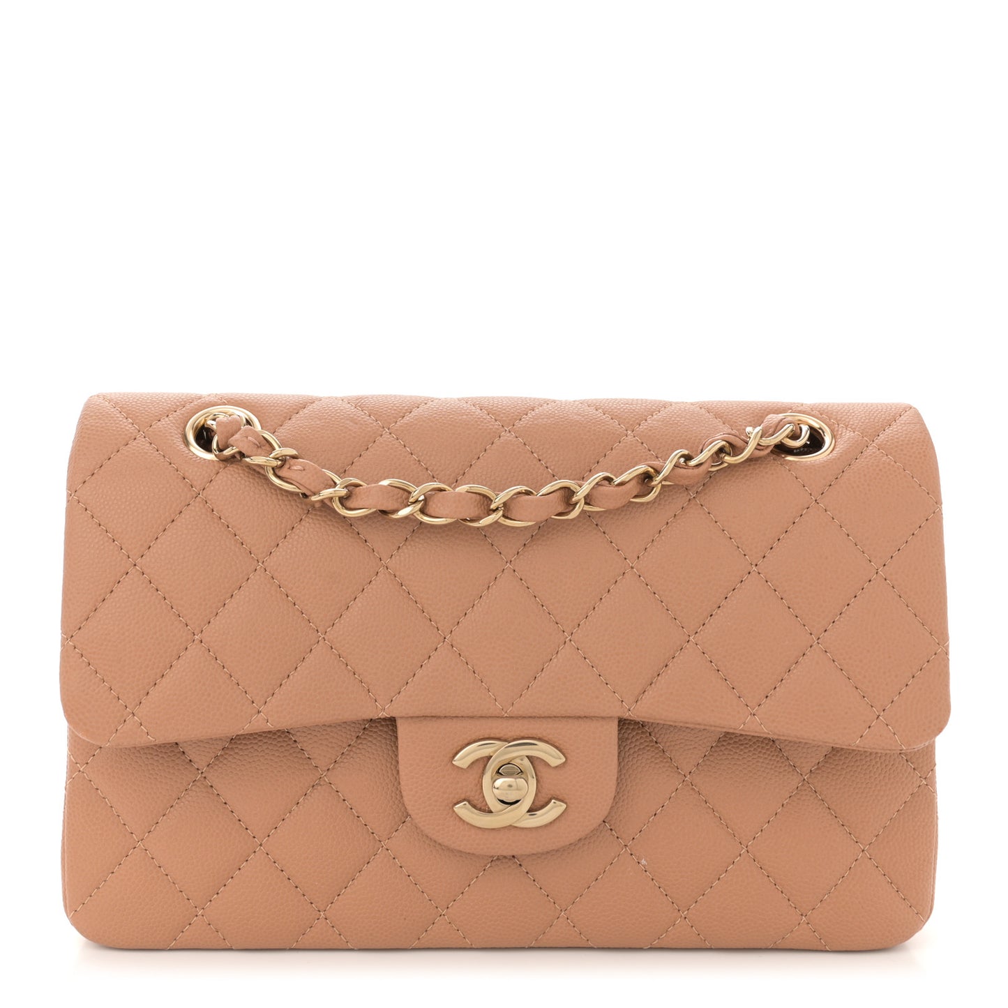 Caviar Quilted Small Double Flap Light Brown