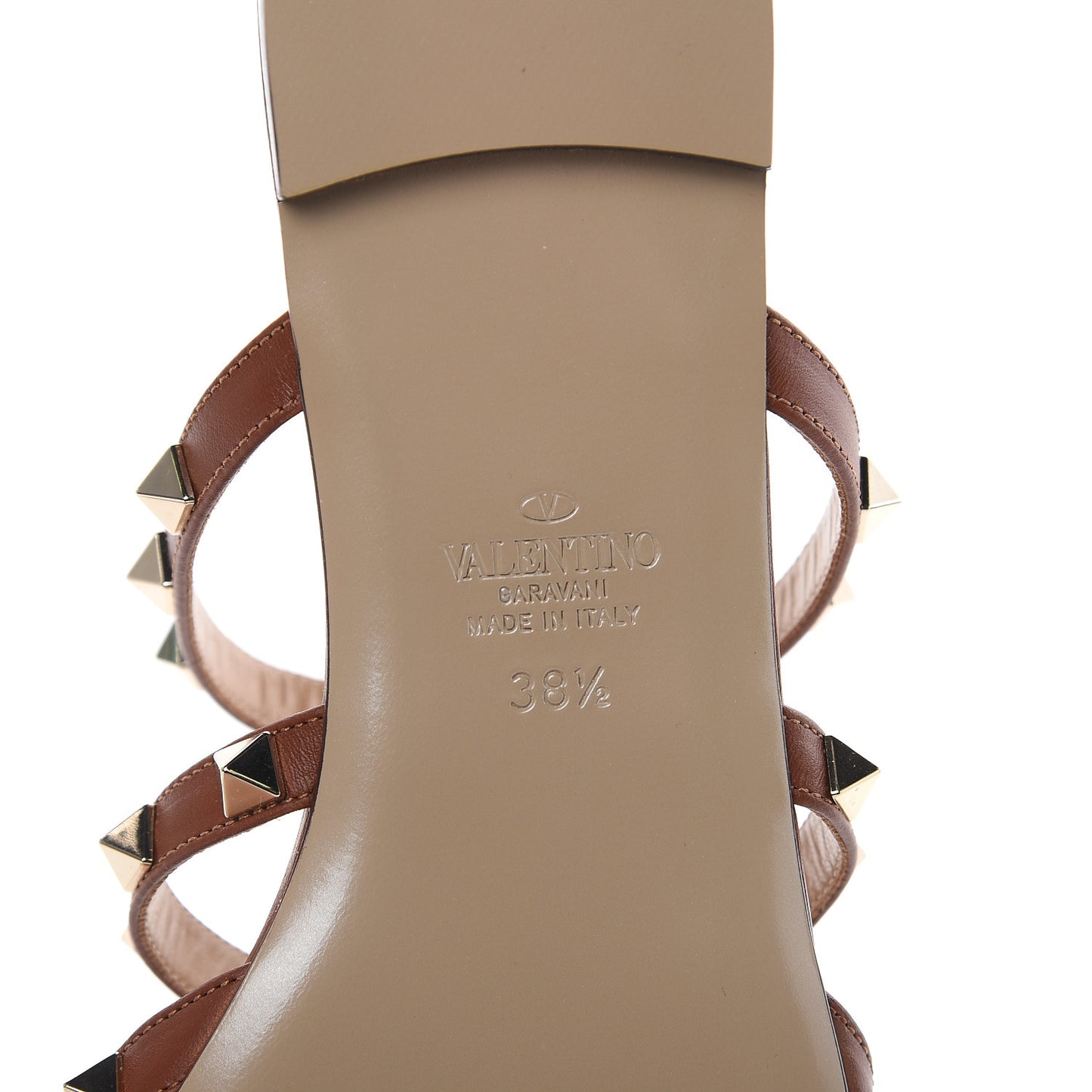 Pebbled Calfskin Rockstud Flat Cage Mules 38.5 Saddle Brown