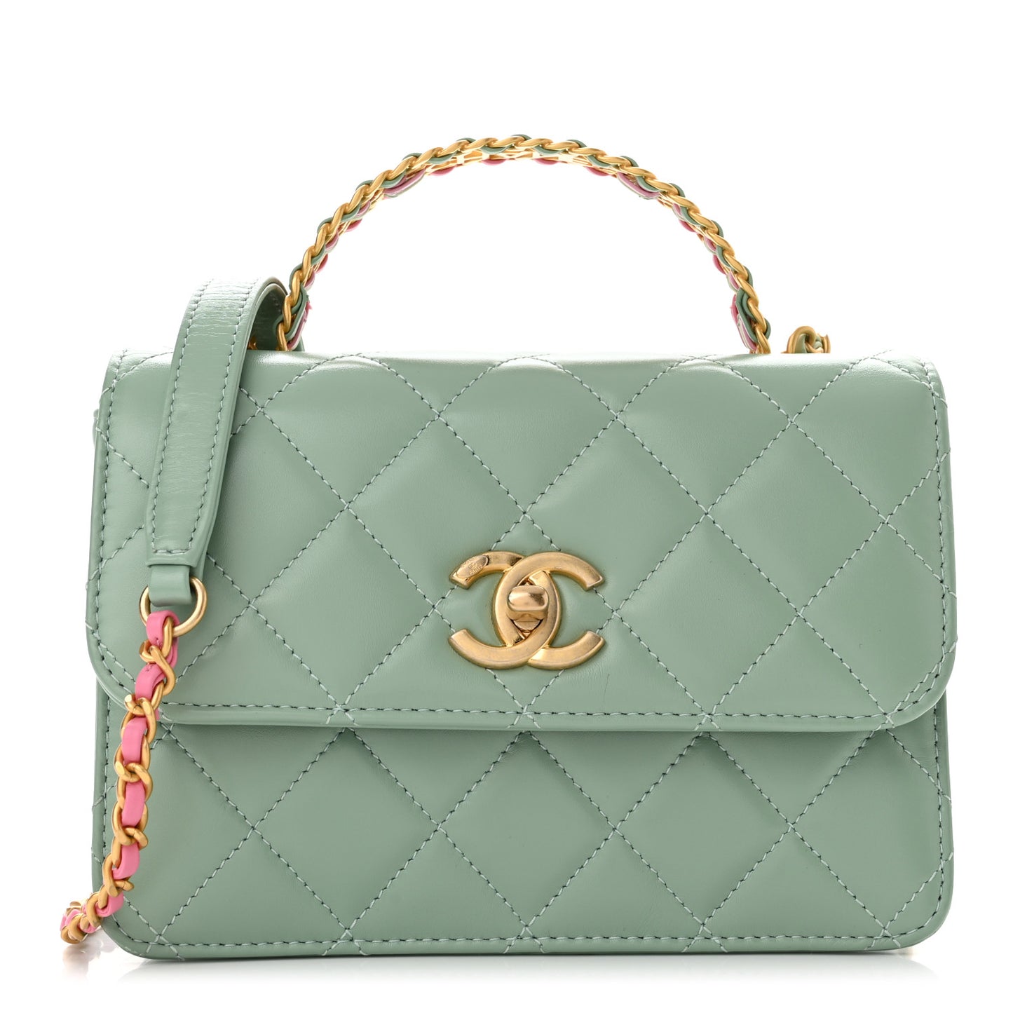 Shiny Calfskin Quilted Mini Metal Top Handle Flap Light Green