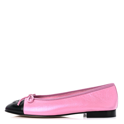 Chanel Laminated Crumpled Lambskin Cap Toe CC Ballerina Flats 37.5 Pink Black 1 of 10