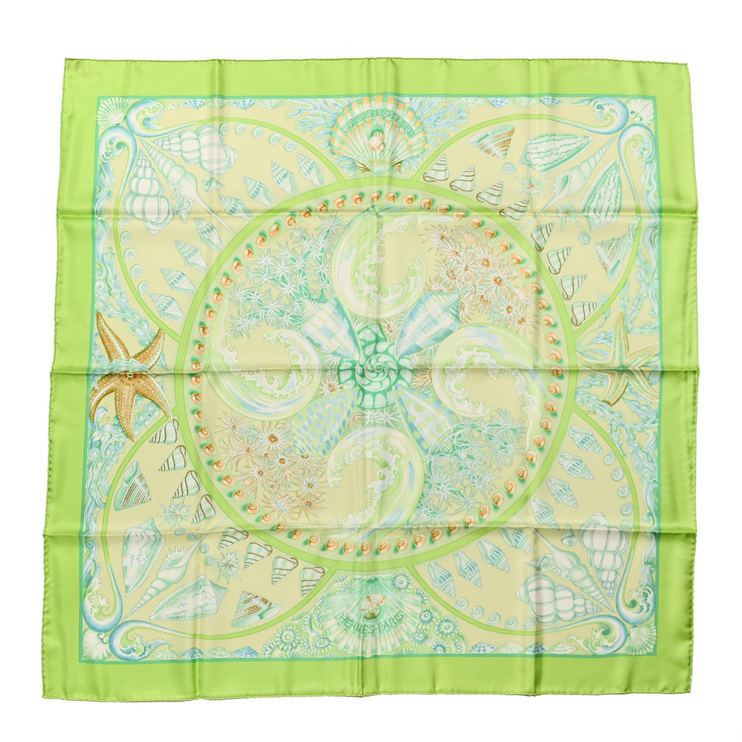 Hermes Silk Parures Oceanes Scarf 90 Pistache Beige Orange 1 of 6
