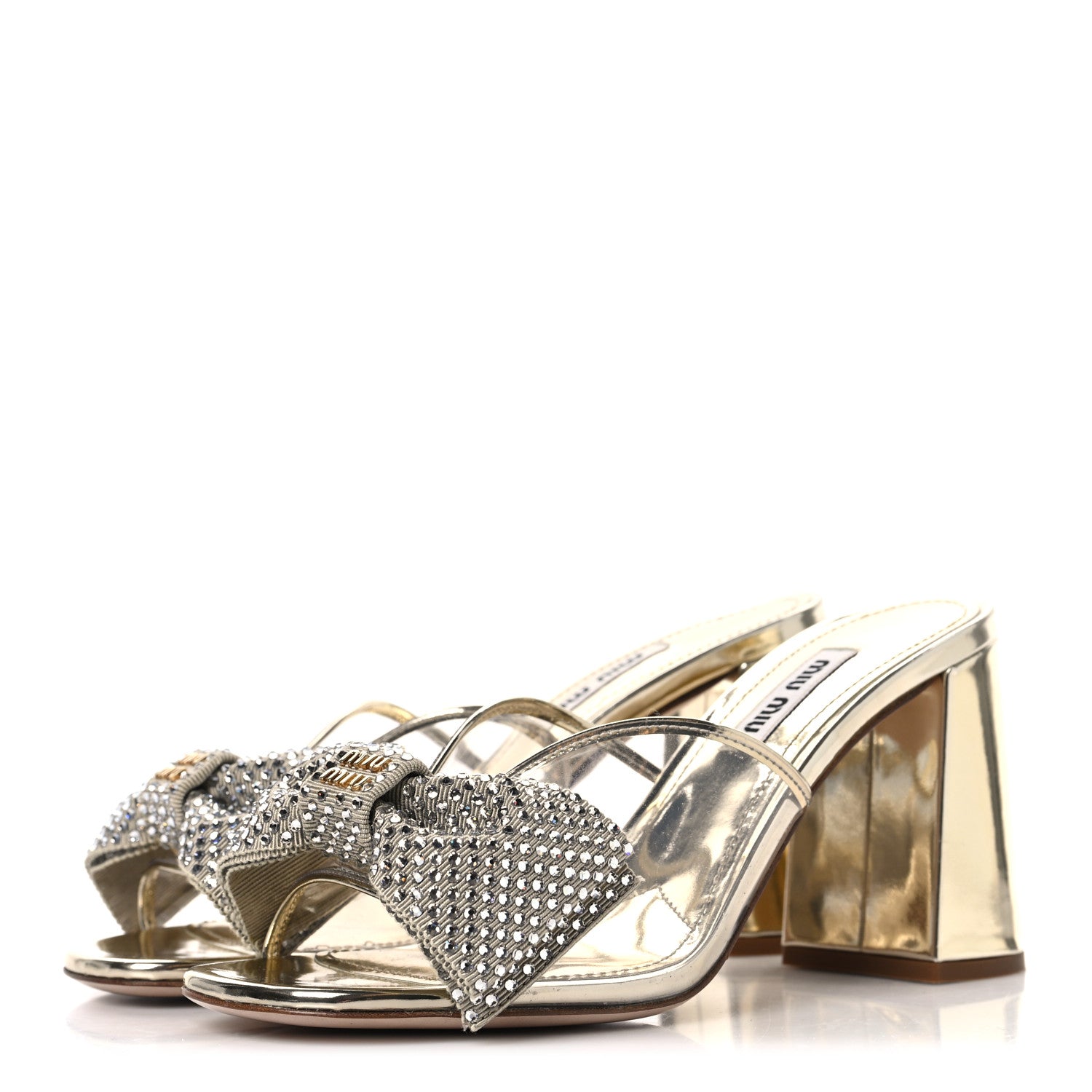 Miu Miu Metallic Calfskin Crystal Bow Sandals 35 Pirite 4 of 8